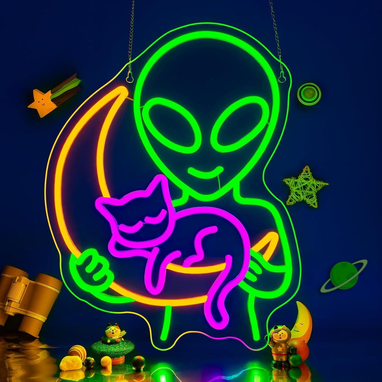 Home Decor Theme - 외계인 고양이 네온사인, 잠든 고양이 달