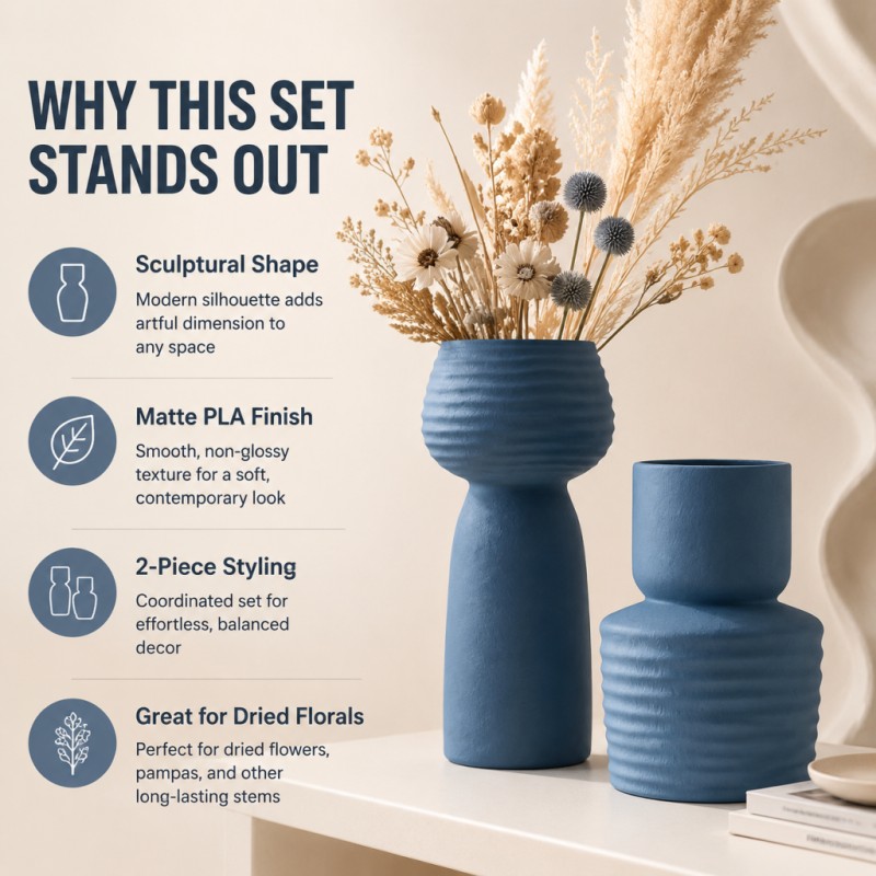 2개 세트 거친 질감의 파란색 꽃병 세트 무광 PLA  - Pampas Grass Decor 리뷰 및 가격