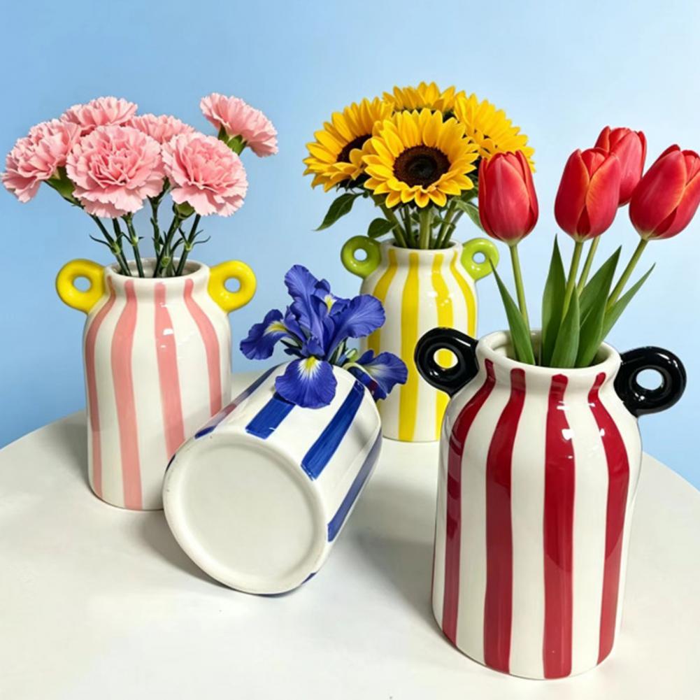 세라믹 스트라이프 꽃병, 이중 손잡이, 핸드 페인팅된  - Pampas Grass Decor 리뷰 및 가격